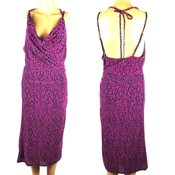NBD Black Fuchsia Leopard Print Sleeveless Dress Draped Plunge Neck Velvet Small - Picture 1 of 12